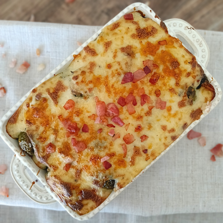 Cheesy Brussels Sprouts and Bacon Bake