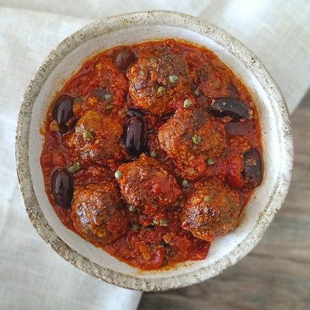 Oven Baked Meatballs with Puttanesca Sauce